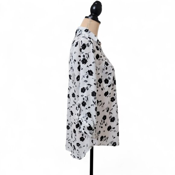 BCX Size L White with Black Floral Print Button Front Blouse, Exc. Used Cond. - Picture 8 of 15